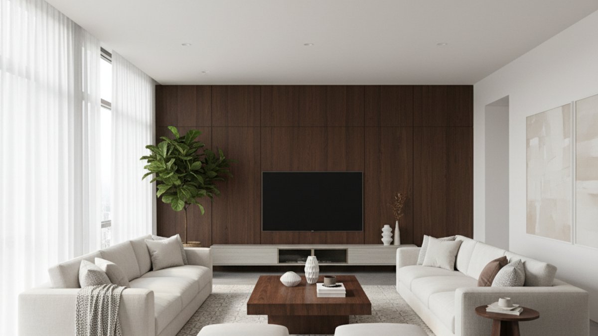 Tường gỗ óc chó tối màu, bàn gỗ cà phê tối màu