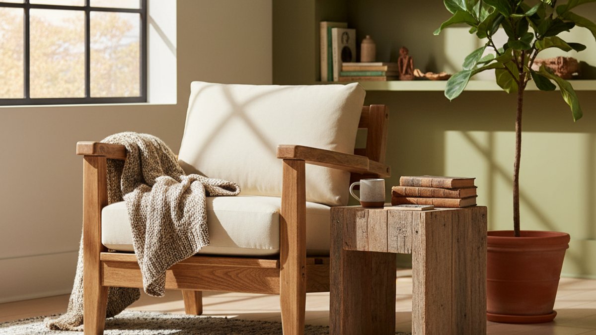 Góc đọc sách ấm cúng với ghế gỗ và cây xanh