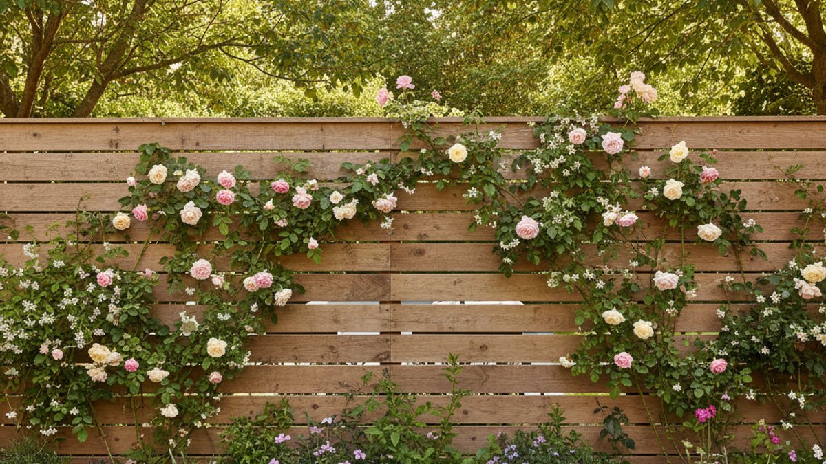 Hàng rào gỗ tự nhiên đẹp, có cây leo