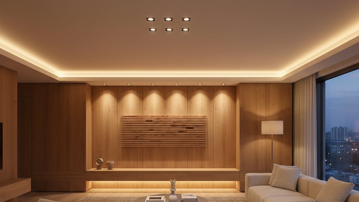 Minh họa các lớp chiếu sáng (nền, điểm nhấn, gián tiếp) trong phòng gỗ
