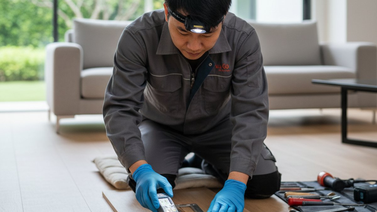 Thợ Vua Gỗ kiểm tra sàn gỗ bị cong vênh