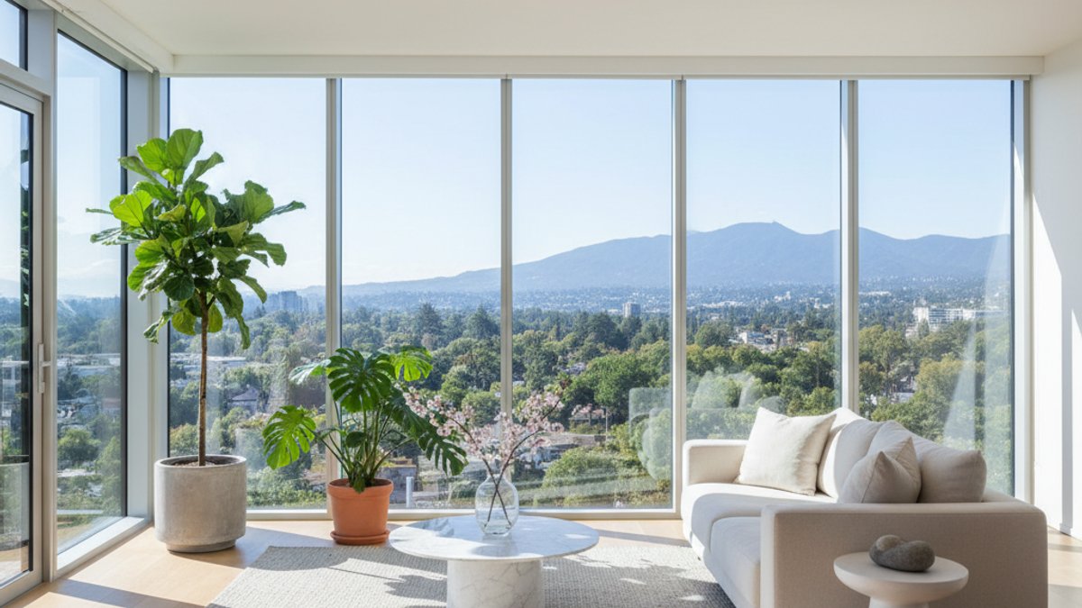 Phòng khách lớn với cửa sổ kính và cây cảnh