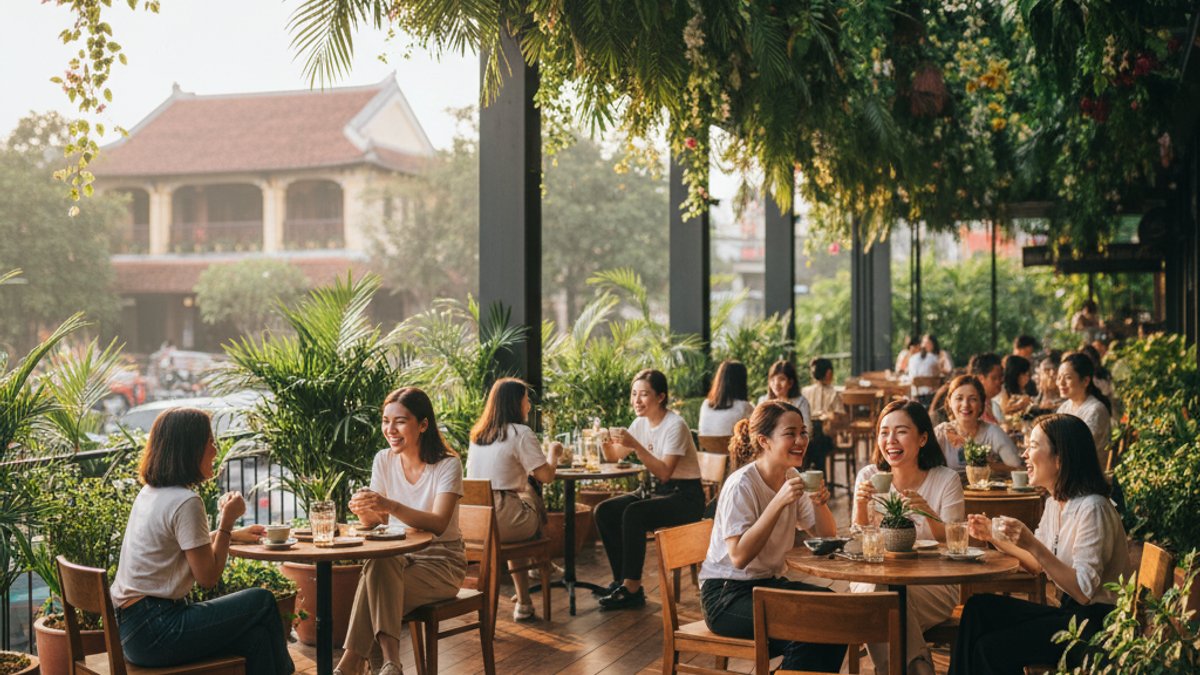 Khách hàng ngồi cafe tại không gian ngoại thất lát gỗ tự nhiên