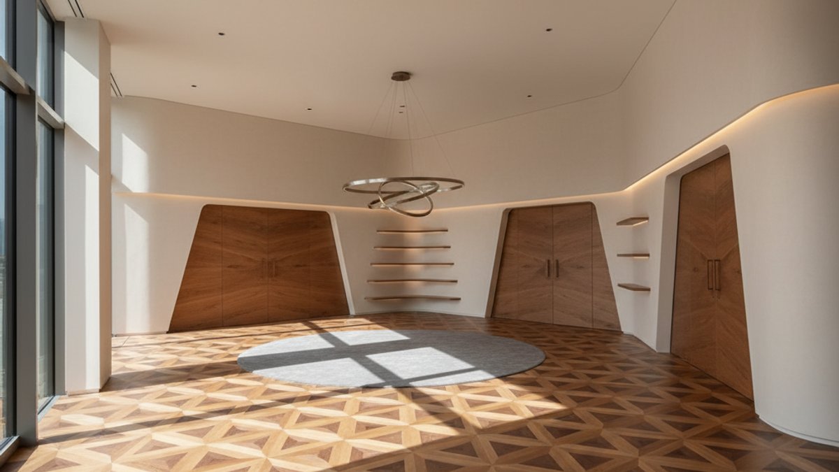 Sàn gỗ hoàn chỉnh trong nội thất kiến trúc phức tạp