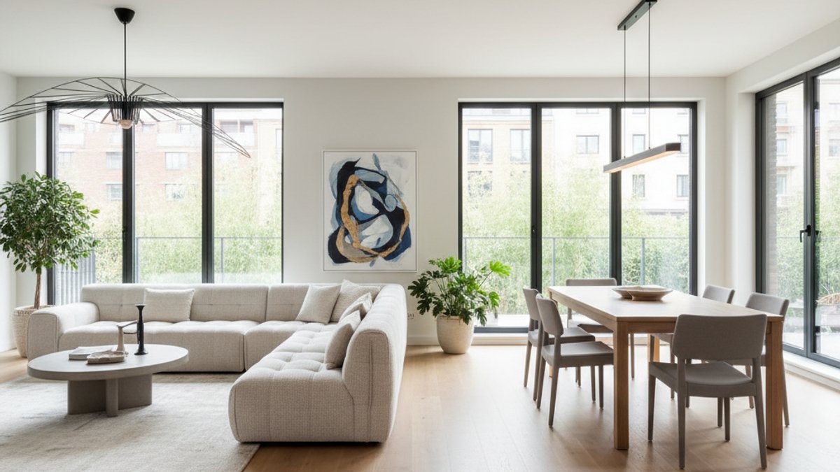 Không gian mở, sàn gỗ liền mạch, ánh sáng tự nhiên