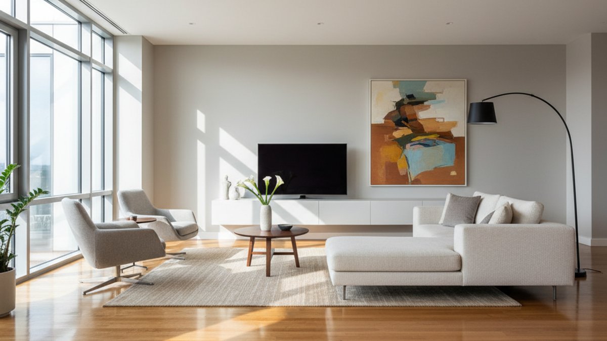 Phòng khách với sàn gỗ đã được phục hồi hoàn hảo, sang trọng