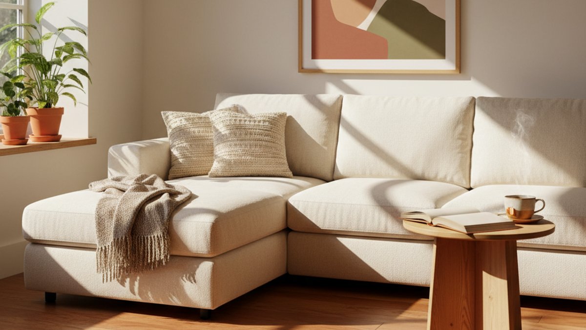 Ánh sáng tự nhiên chiếu vào sàn gỗ, bàn gỗ nhỏ với sách và trà