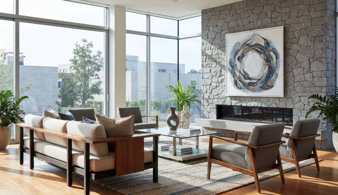 Phòng khách hiện đại kết hợp sàn gỗ, kim loại, kính, đá