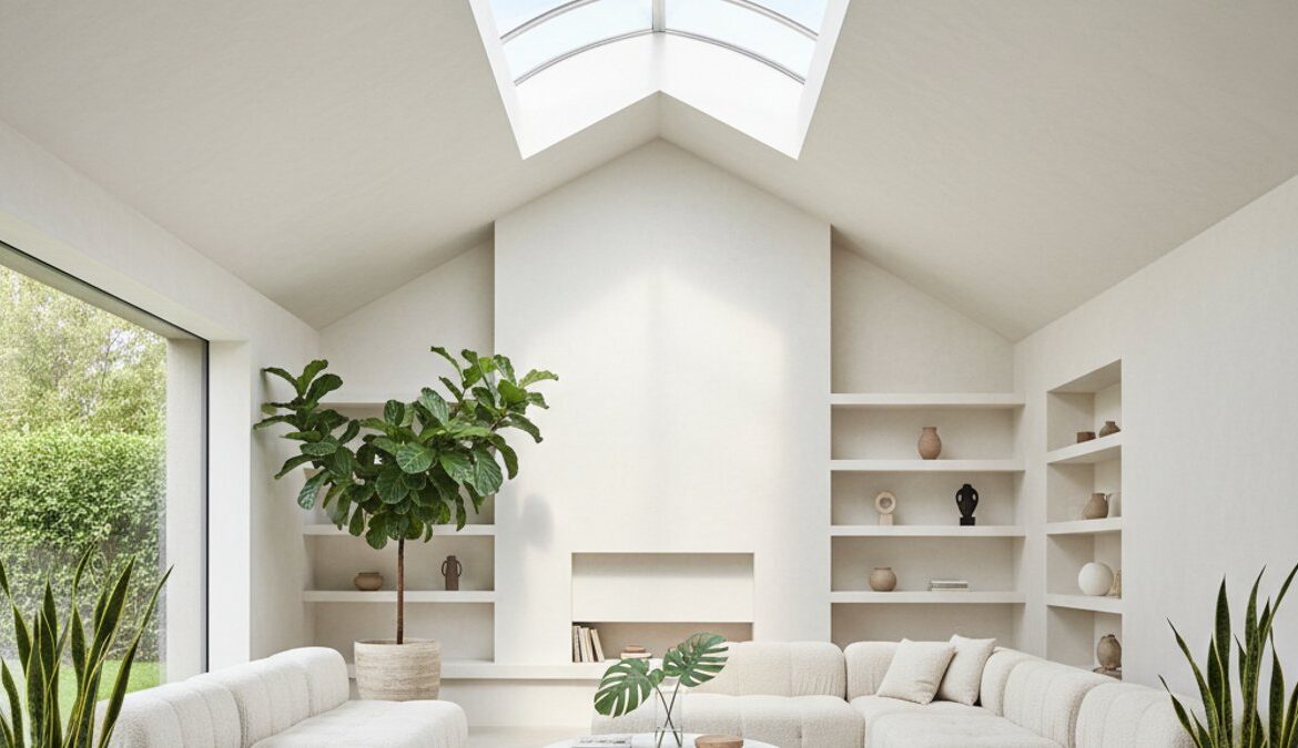 Phòng khách hiện đại, ánh sáng tự nhiên tràn ngập từ giếng trời polycarbonate