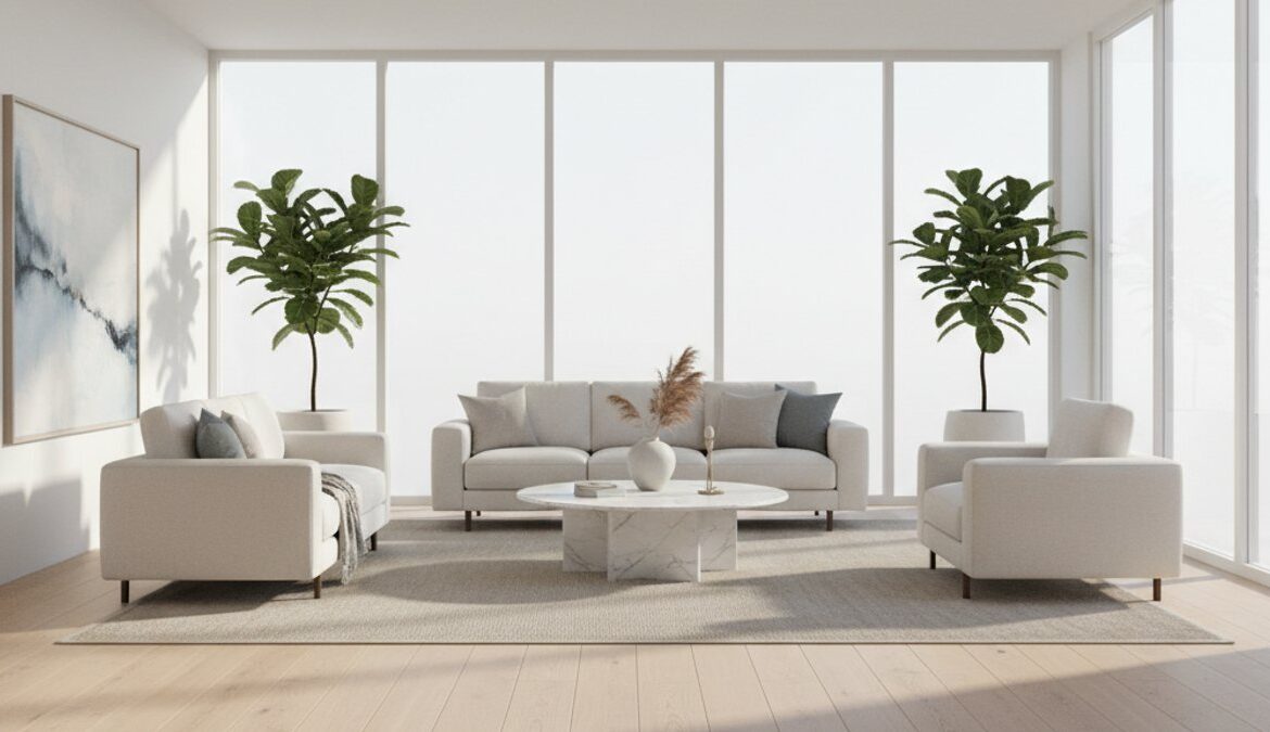 Phòng khách hiện đại với sàn gỗ tông sáng, ánh sáng tự nhiên