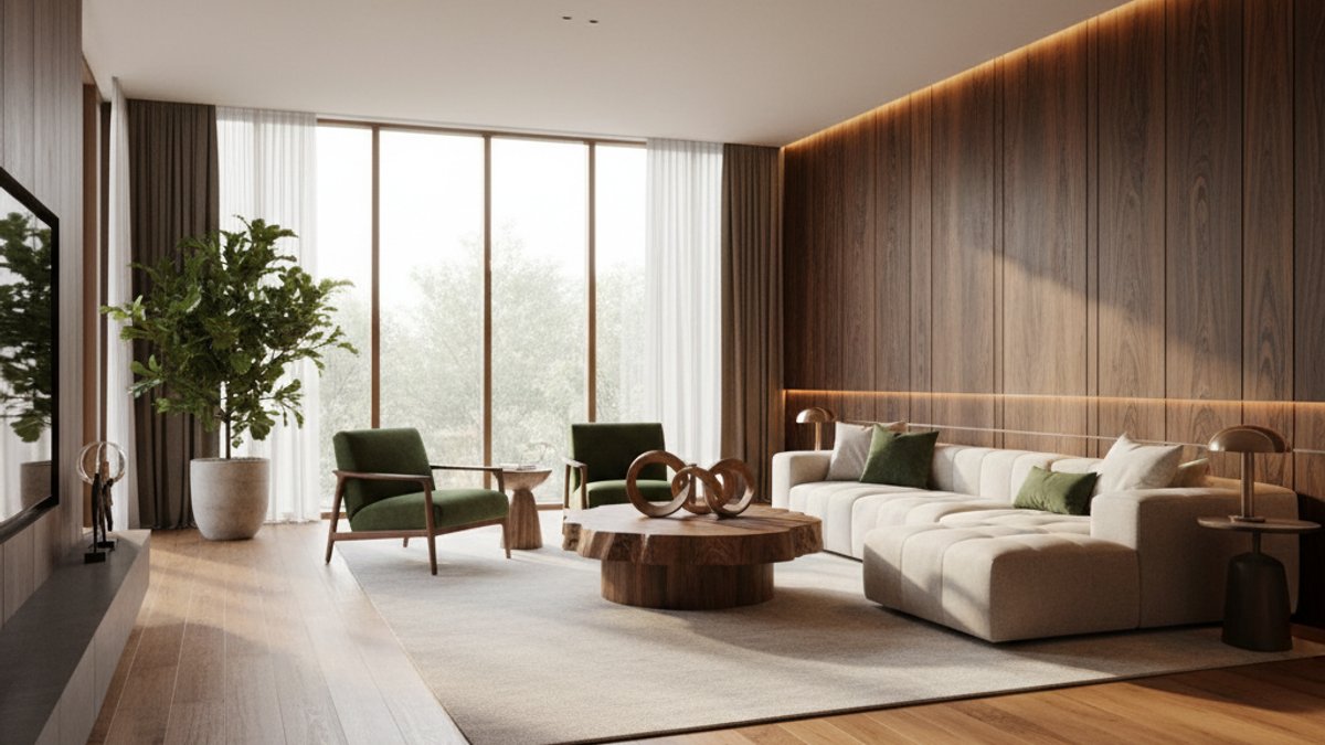 Nội thất phòng khách sang trọng với sàn gỗ và ốp tường Vua Gỗ