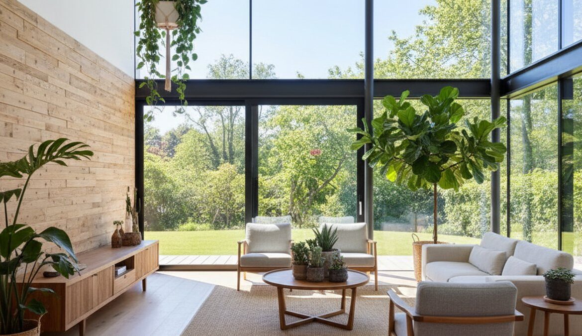 Phòng khách hiện đại với sàn gỗ, tường gỗ và cây xanh