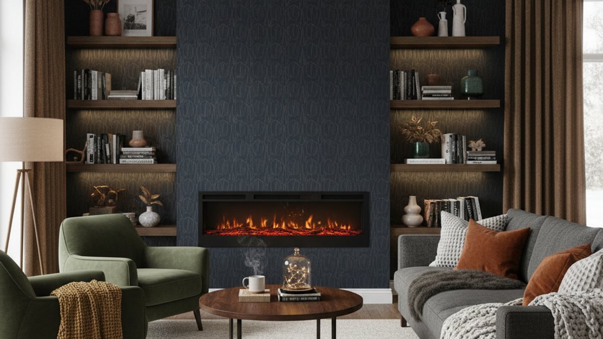 Phòng khách mùa đông, nội thất gỗ tối màu, ánh sáng ấm