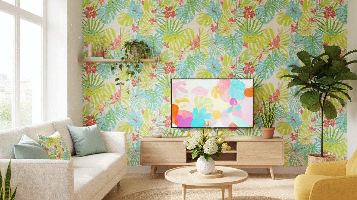 Phòng khách mùa xuân, giấy dán tường hoa lá, cây xanh