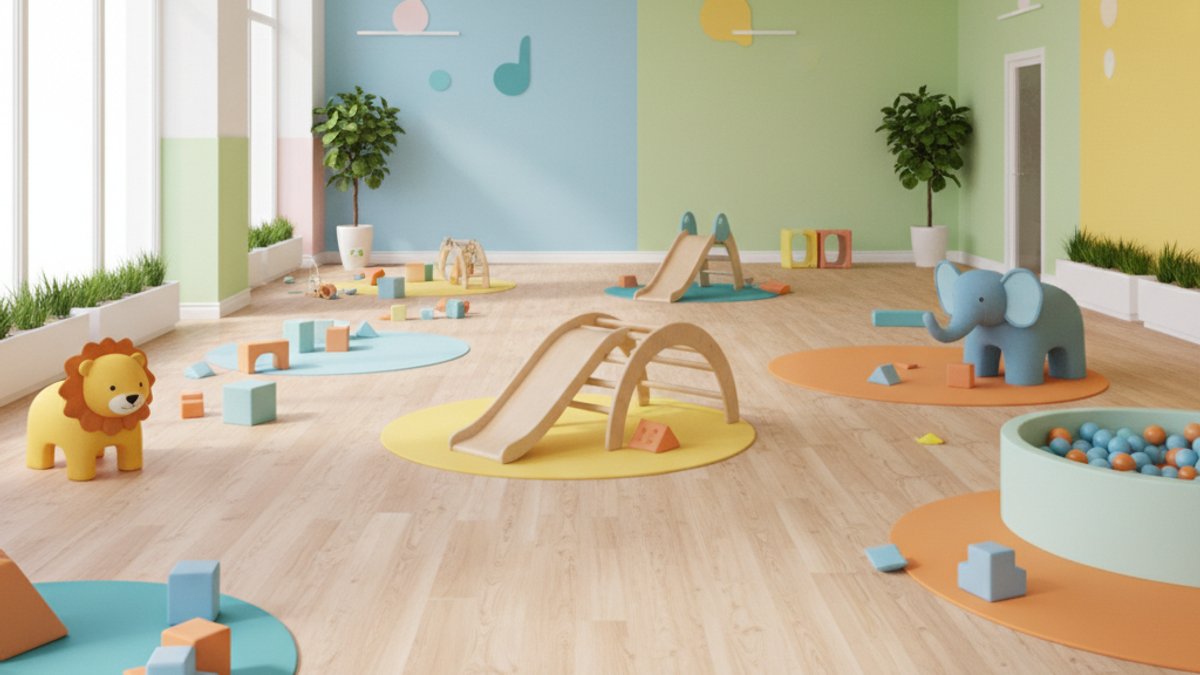 Khu vực vui chơi của bé trong nhà với sàn nhựa giả gỗ