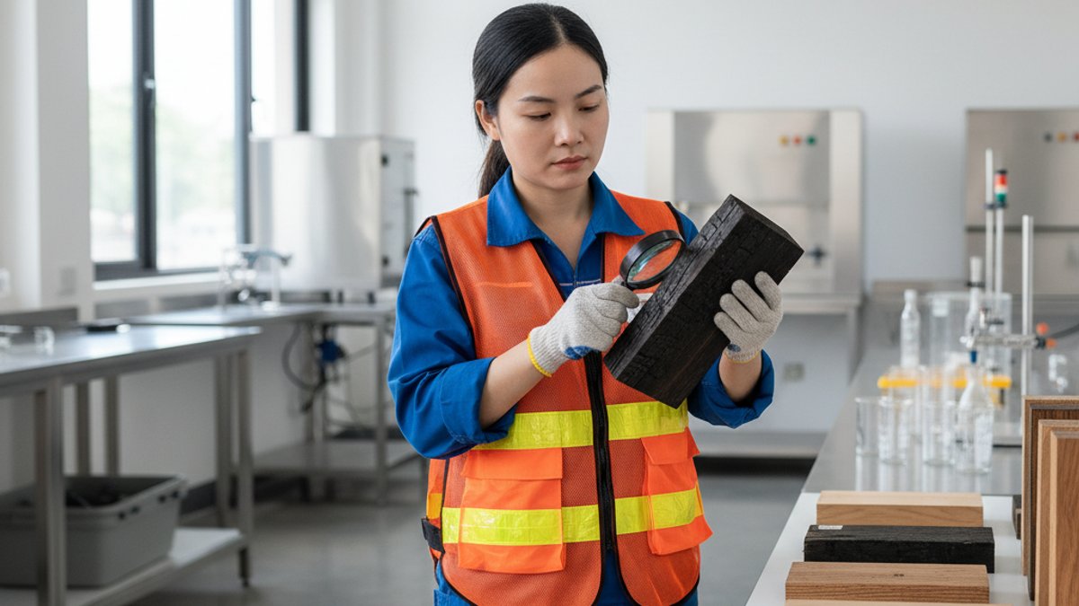 Kỹ thuật viên kiểm tra tiêu chuẩn an toàn của gỗ chống cháy