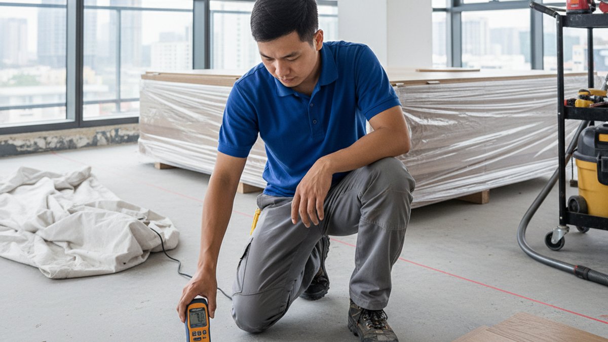 Thợ dùng máy đo độ ẩm sàn trước khi lắp