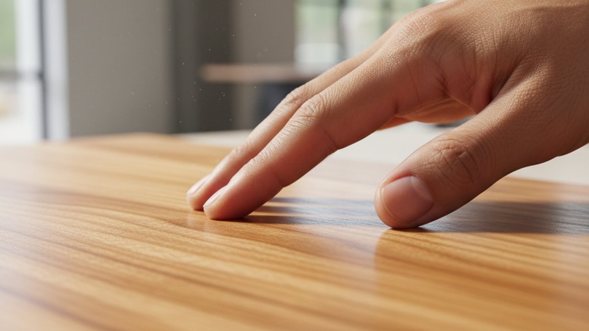 Bàn tay sờ lên bề mặt gỗ tự nhiên mịn màng