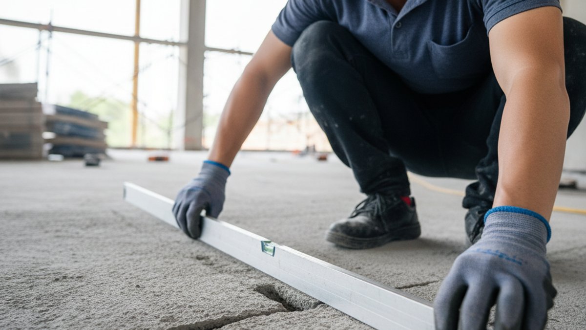 Thợ kiểm tra độ phẳng và vết nứt nền bê tông