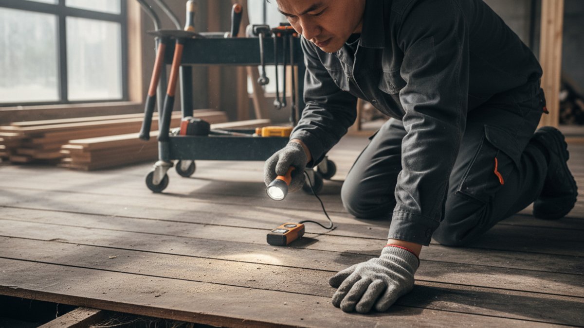 Thợ kiểm tra nền gỗ cũ mối mọt, lỏng lẻo