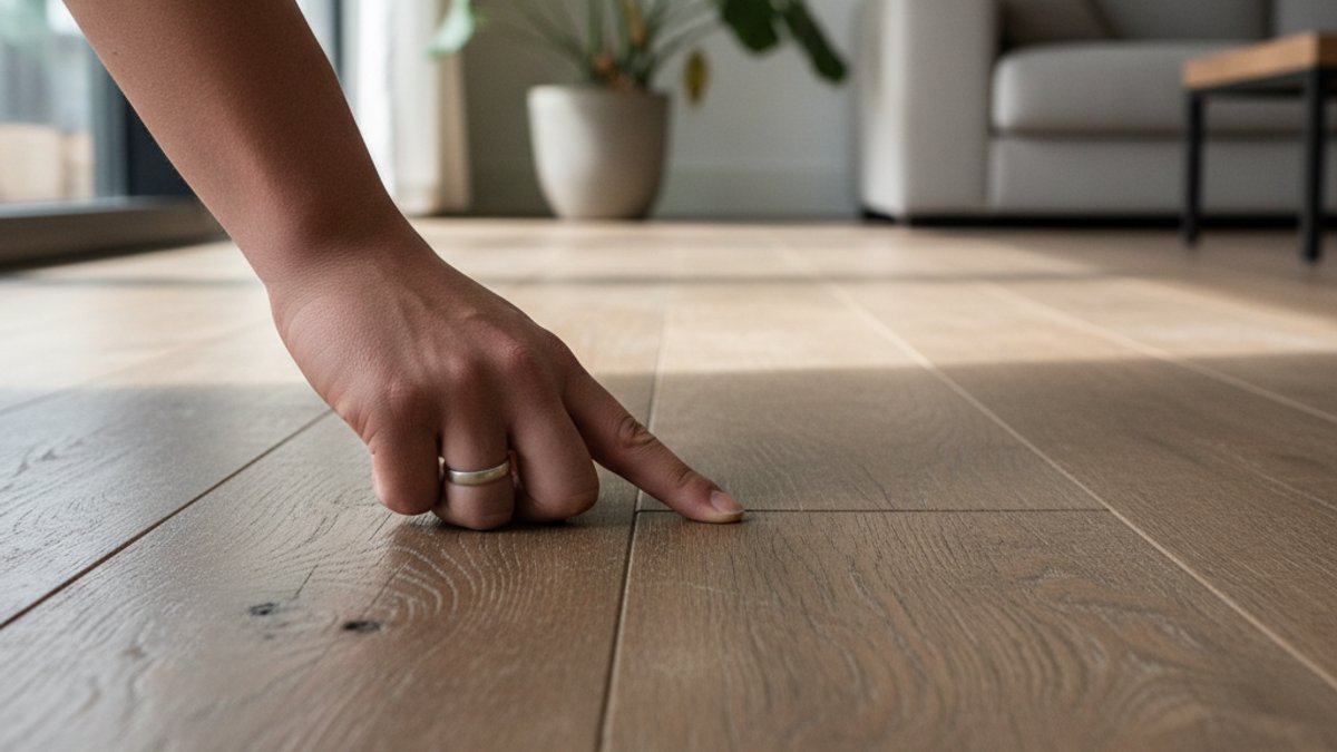Bàn tay kiểm tra sàn gỗ bị cọt kẹt