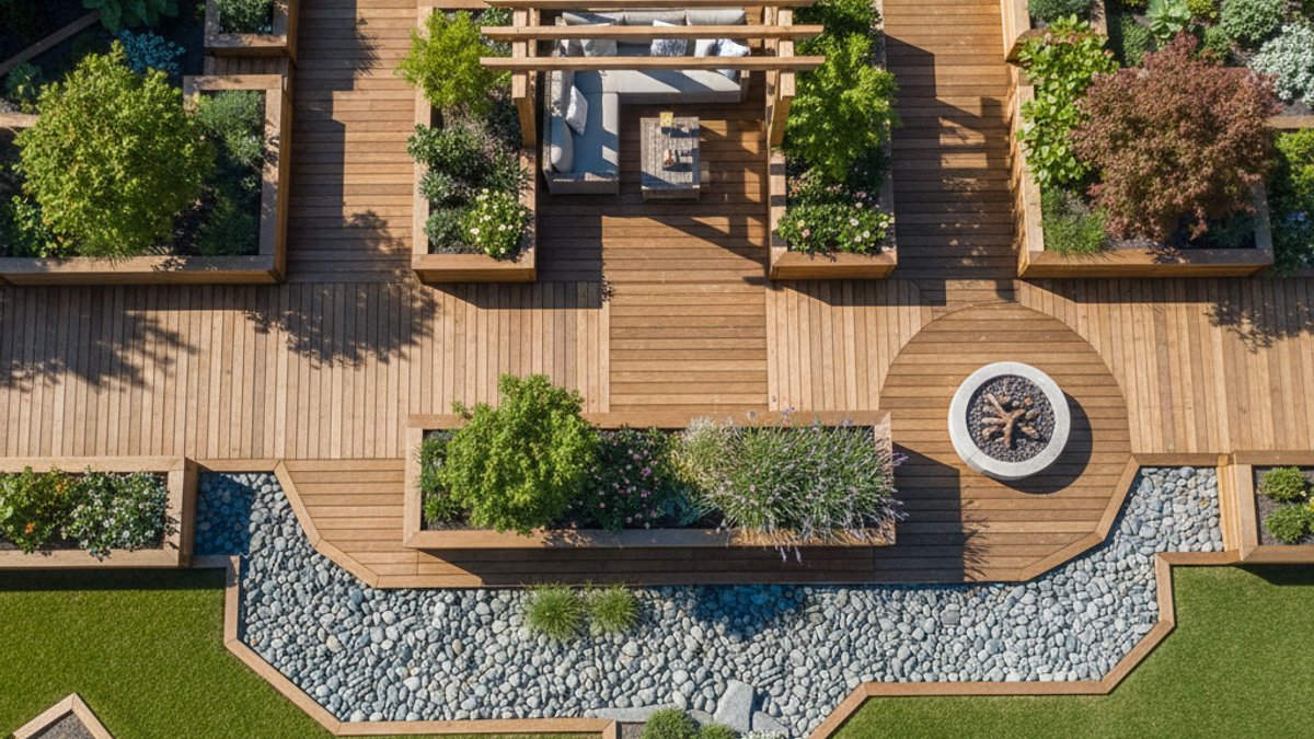 Toàn cảnh sân vườn đẹp với vật liệu gỗ cao cấp