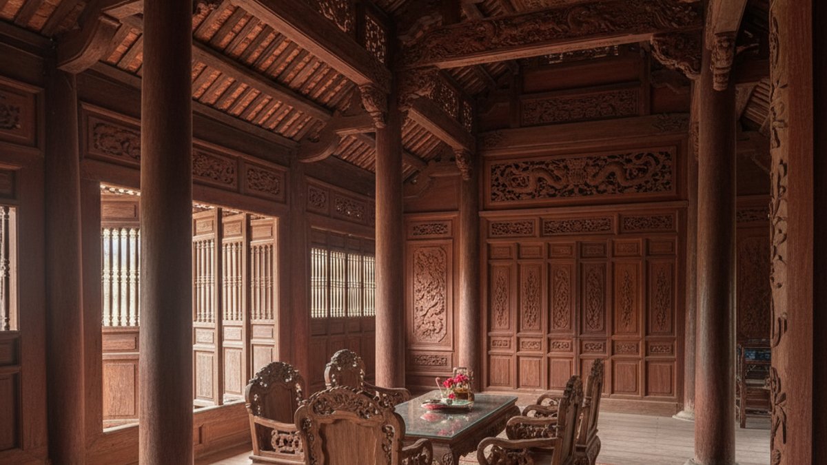 Ngôi nhà gỗ truyền thống Việt Nam với chạm khắc tinh xảo