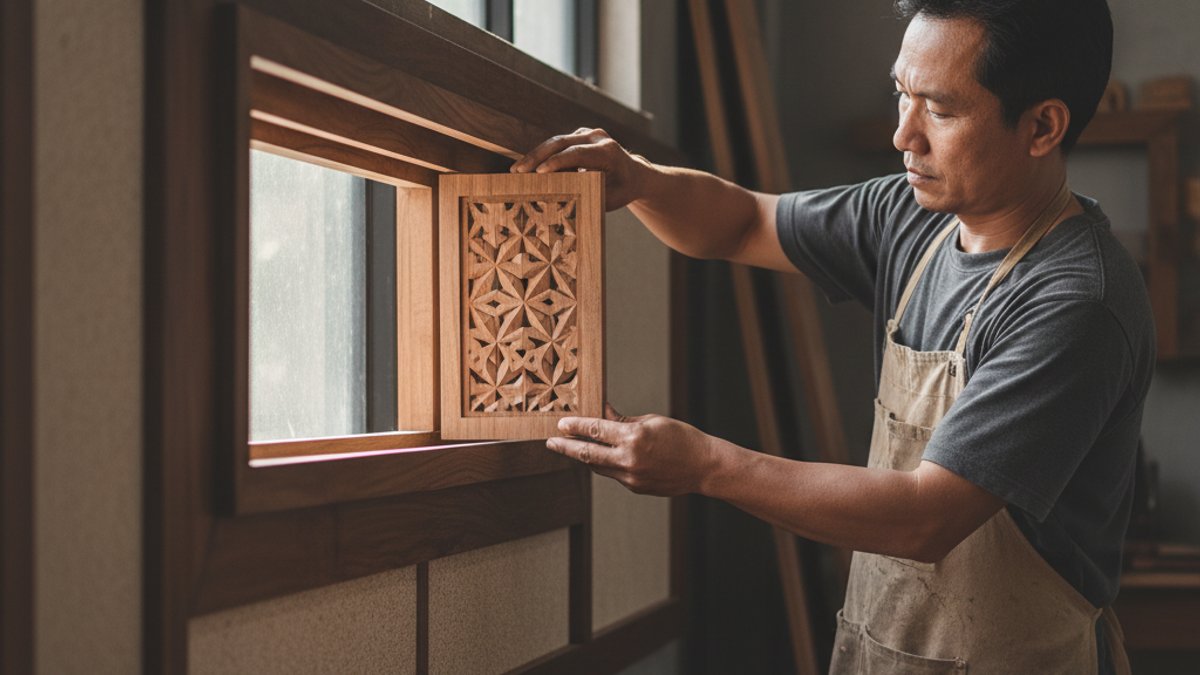 Thợ thi công chuyên nghiệp lắp đặt tấm gỗ ốp tường