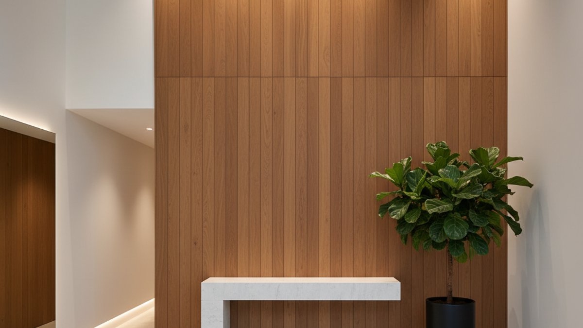 Hành lang với tường ốp gỗ dọc