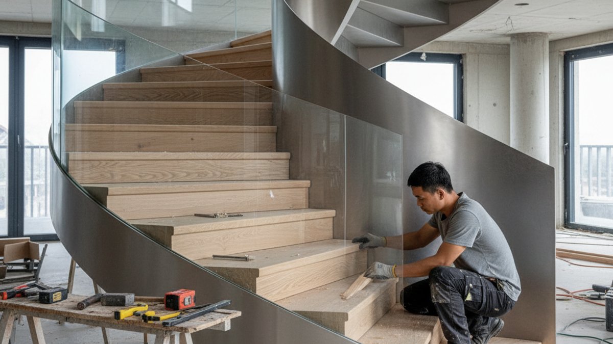 Thi công sàn gỗ bậc cầu thang xoắn ốc