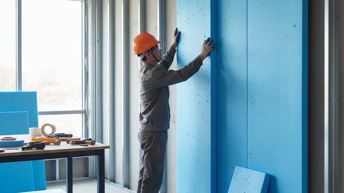 Thợ thi công lắp tấm xốp XPS cách nhiệt cho tường