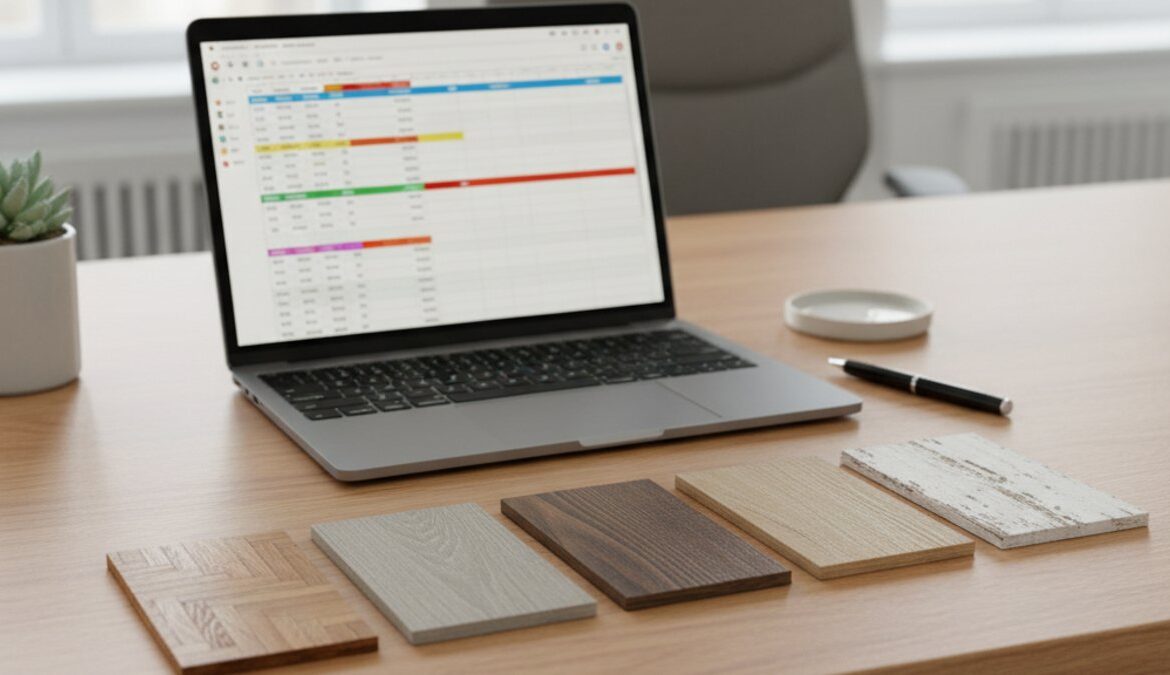 Bàn làm việc với laptop, tài liệu ngân sách và mẫu sàn gỗ