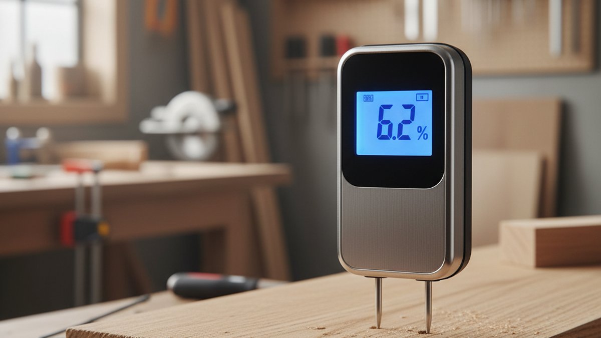 Máy đo độ ẩm hiển thị giá trị thấp trên gỗ