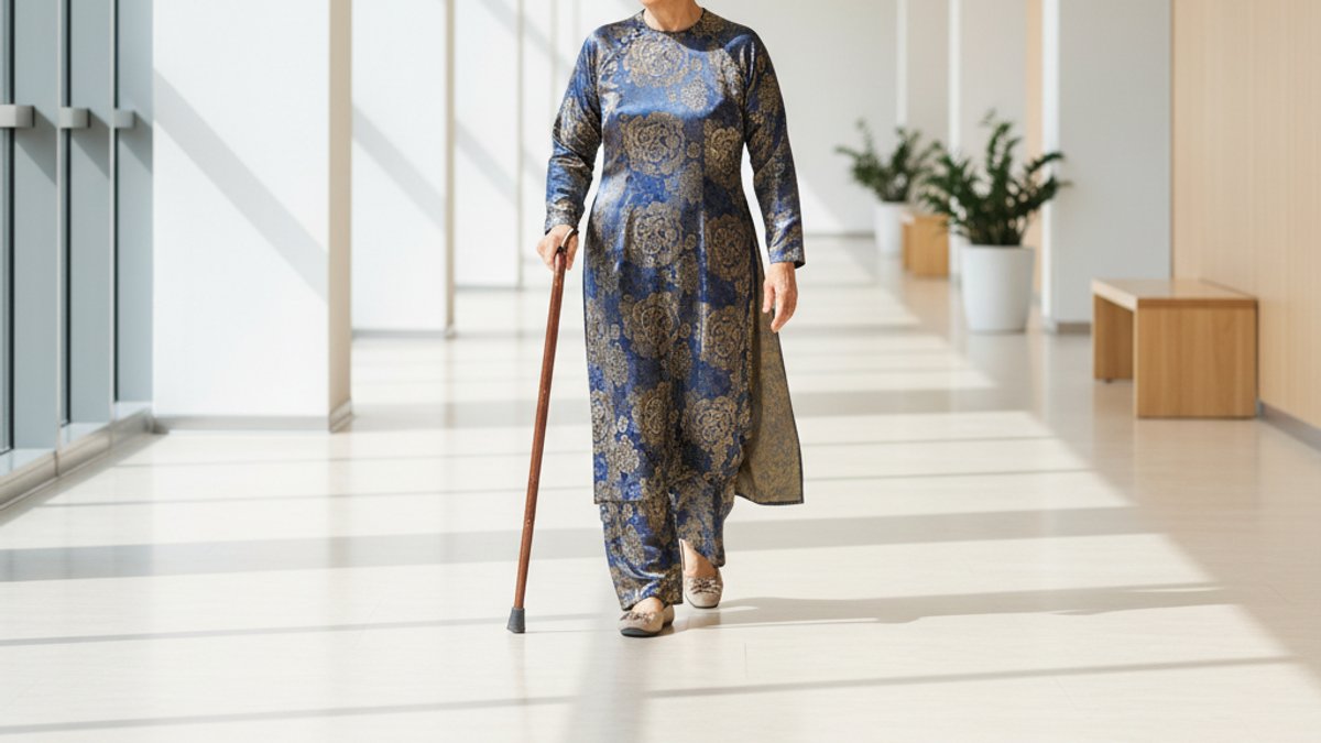 Người cao tuổi đi lại an toàn trên sàn gỗ phẳng, chống trượt