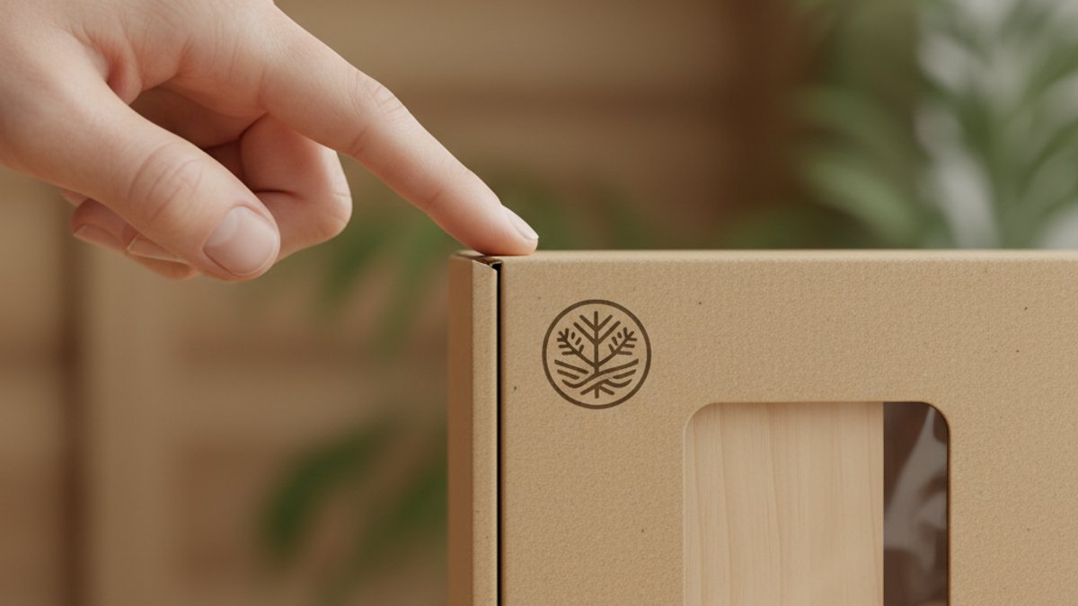 Bàn tay chỉ vào logo chứng nhận gỗ