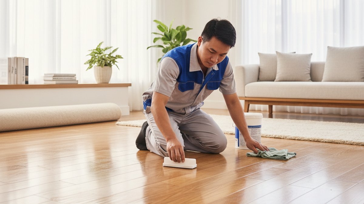 Nhân viên kỹ thuật Vua Gỗ thực hiện bảo dưỡng sàn gỗ chuyên nghiệp