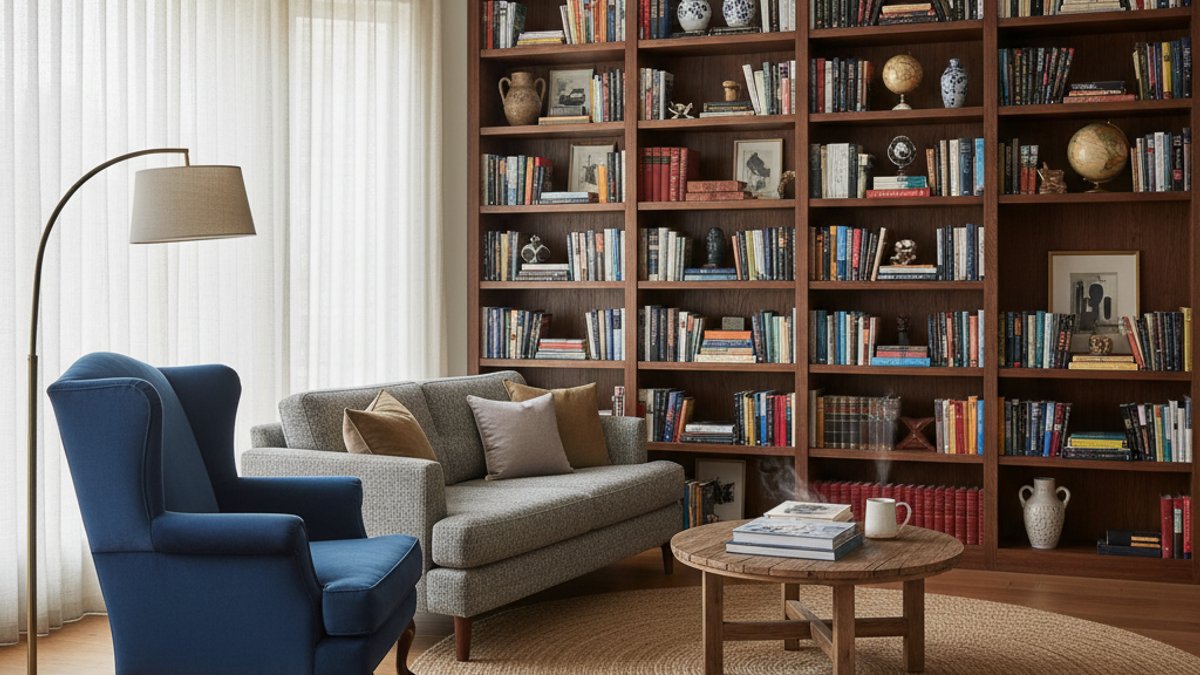 Kệ sách đầy, ghế sofa bọc nệm, phòng đọc sách