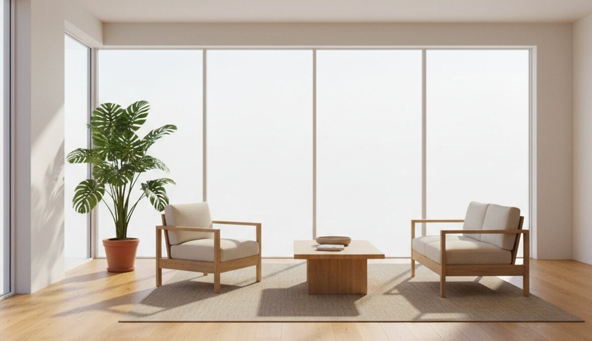 Phòng khách hiện đại với sàn gỗ và nội thất gỗ bền vững