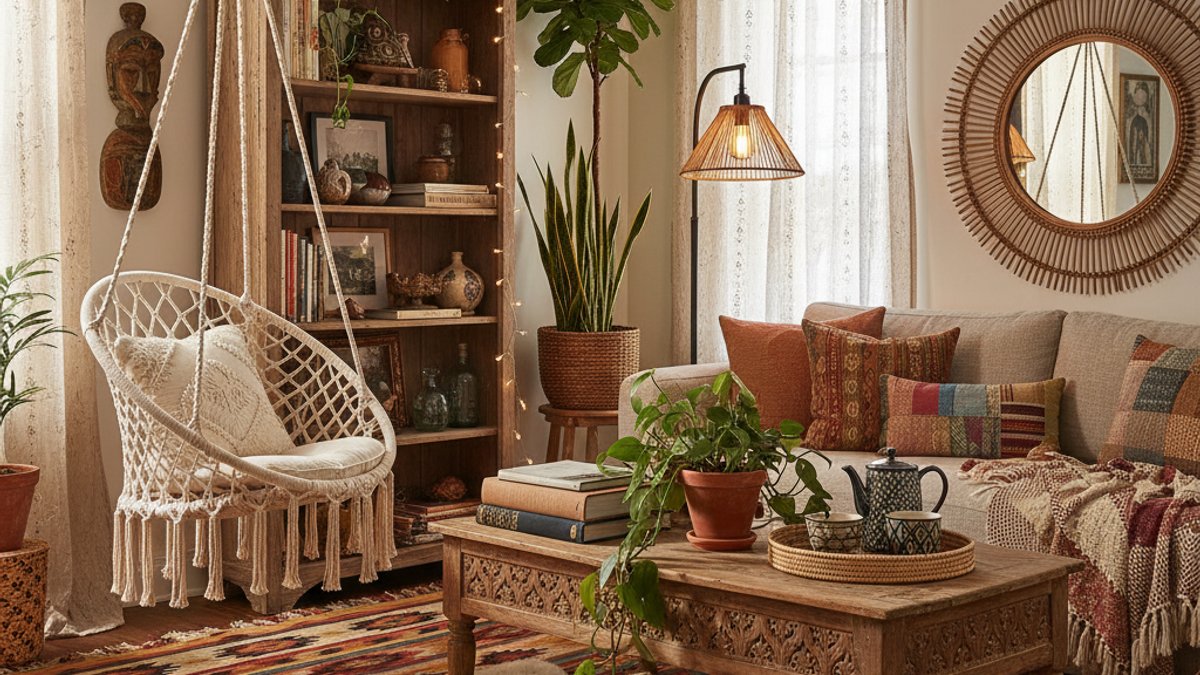 Phòng khách Bohemian nội thất gỗ cây xanh