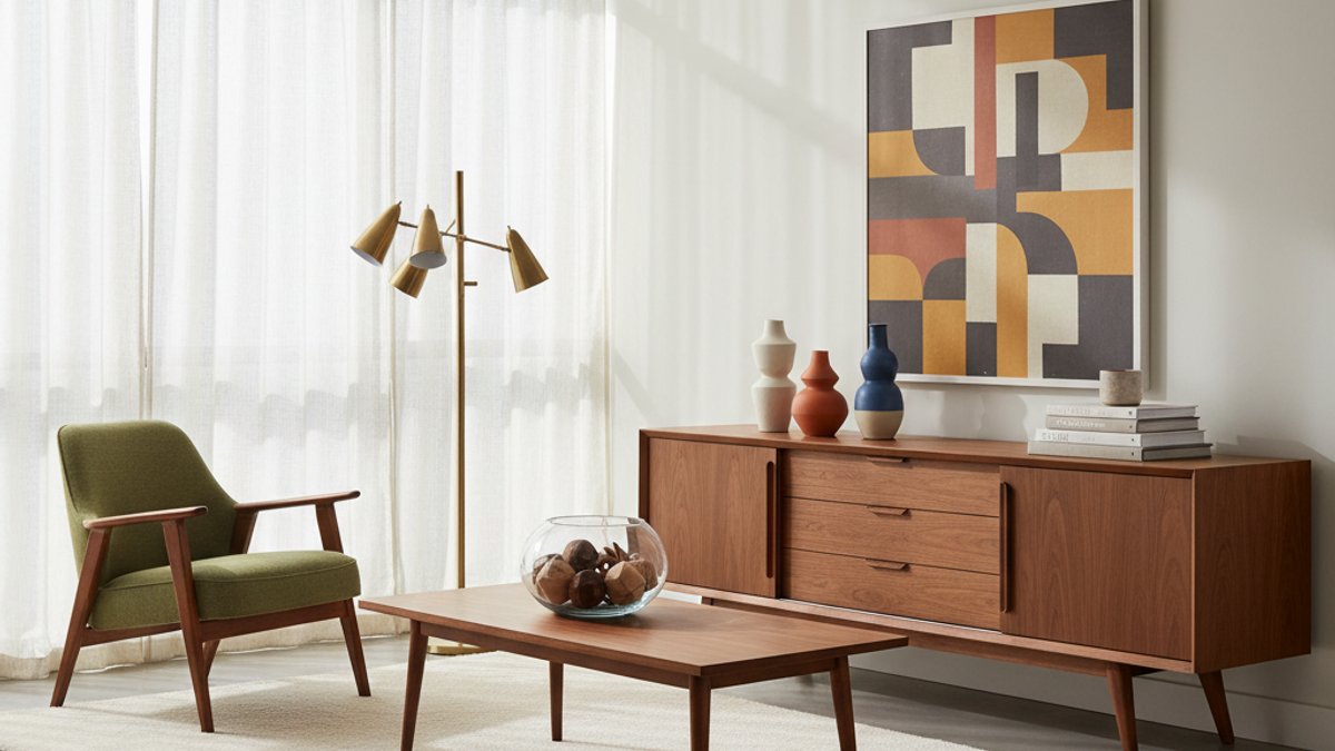 Phòng khách Mid-Century Modern với gỗ óc chó