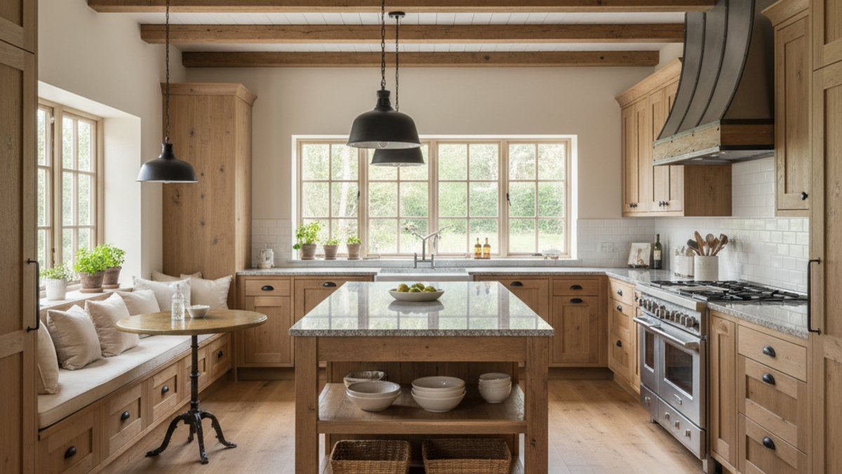 Nhà bếp Rustic Modern với gỗ và đá