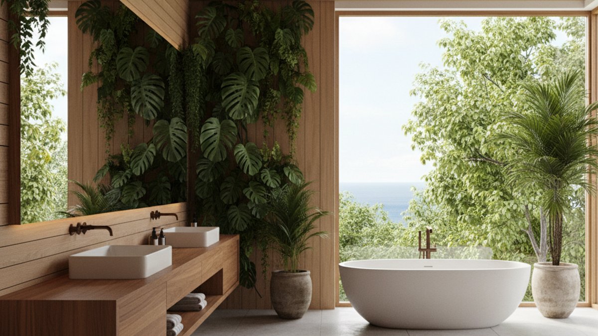Thiết kế phòng tắm Tropical Modern với gỗ và cây xanh