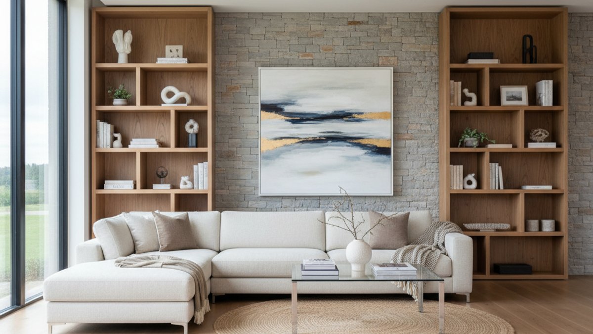 Phòng khách với sàn gỗ, bàn kính, kệ gỗ, tường đá