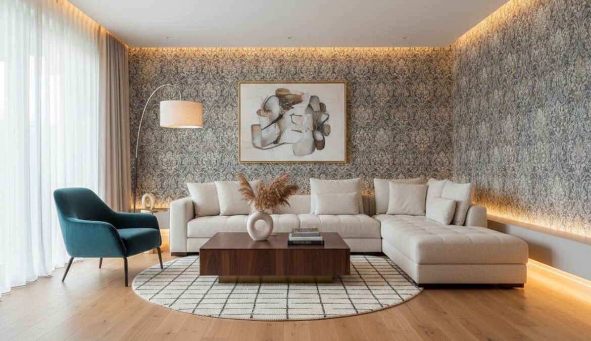 Giấy dán tường họa tiết hiện đại kết hợp sàn gỗ