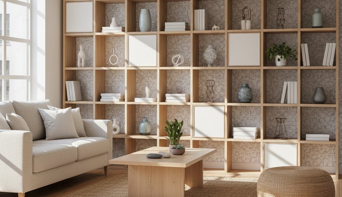 Phòng khách hiện đại, nội thất gỗ, giấy dán tường thay đổi