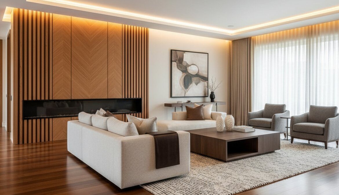 Phòng khách hiện đại sàn gỗ và tường gỗ được chiếu sáng đẹp mắt