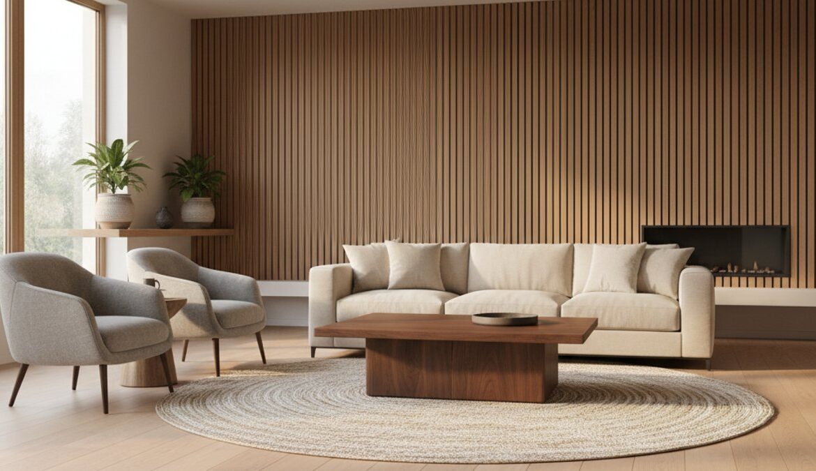 Phòng khách hiện đại, sàn gỗ kỹ thuật, ốp tường gỗ, bàn gỗ