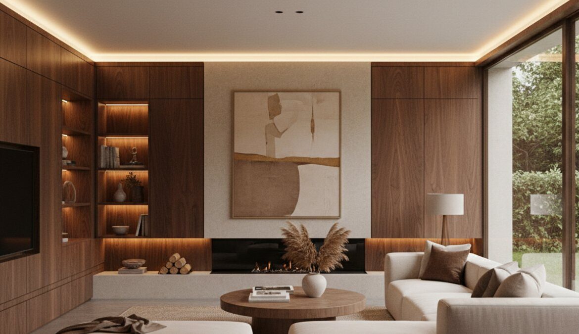 Phòng khách sang trọng với tường ốp gỗ, cách âm, cách nhiệt hiệu quả