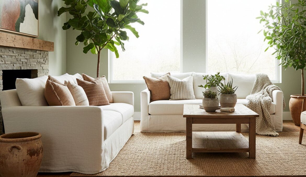 Phòng khách phong cách Rustic với sàn gỗ tái chế đẹp mắt