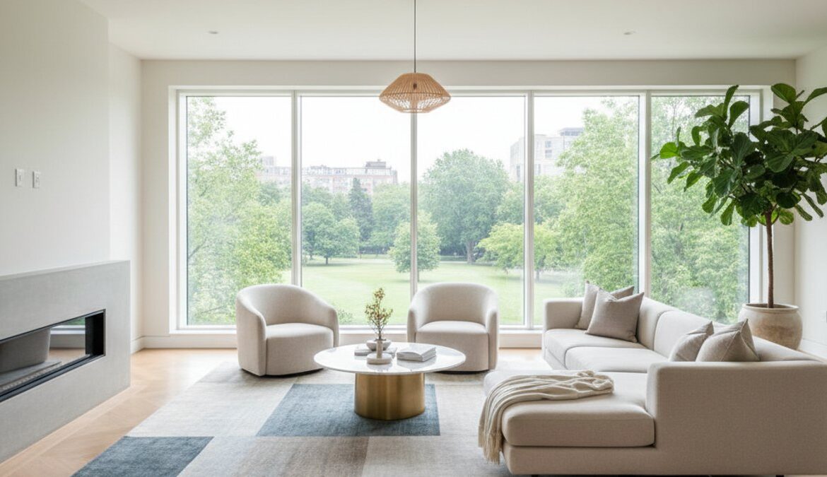 Phòng khách hiện đại với sàn gỗ sang trọng và ánh sáng tự nhiên